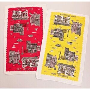 VTG S/2  Suzanne Meister Linen Tea Towels New Orleans Landmarks Red Yellow 16X28